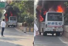 टक्कर के बाद आग की भयंकर लपटों में घिरी शुक्ला ब्रदर्स बस, इंदौर में यात्रियों ने बचाई जान